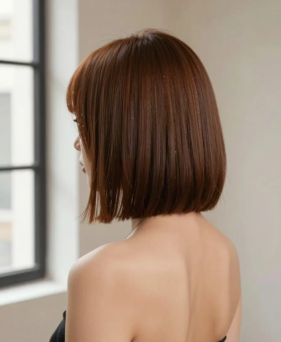 なめらかな栗色の、切りっぱなしのボブを後ろから見たスタイル。