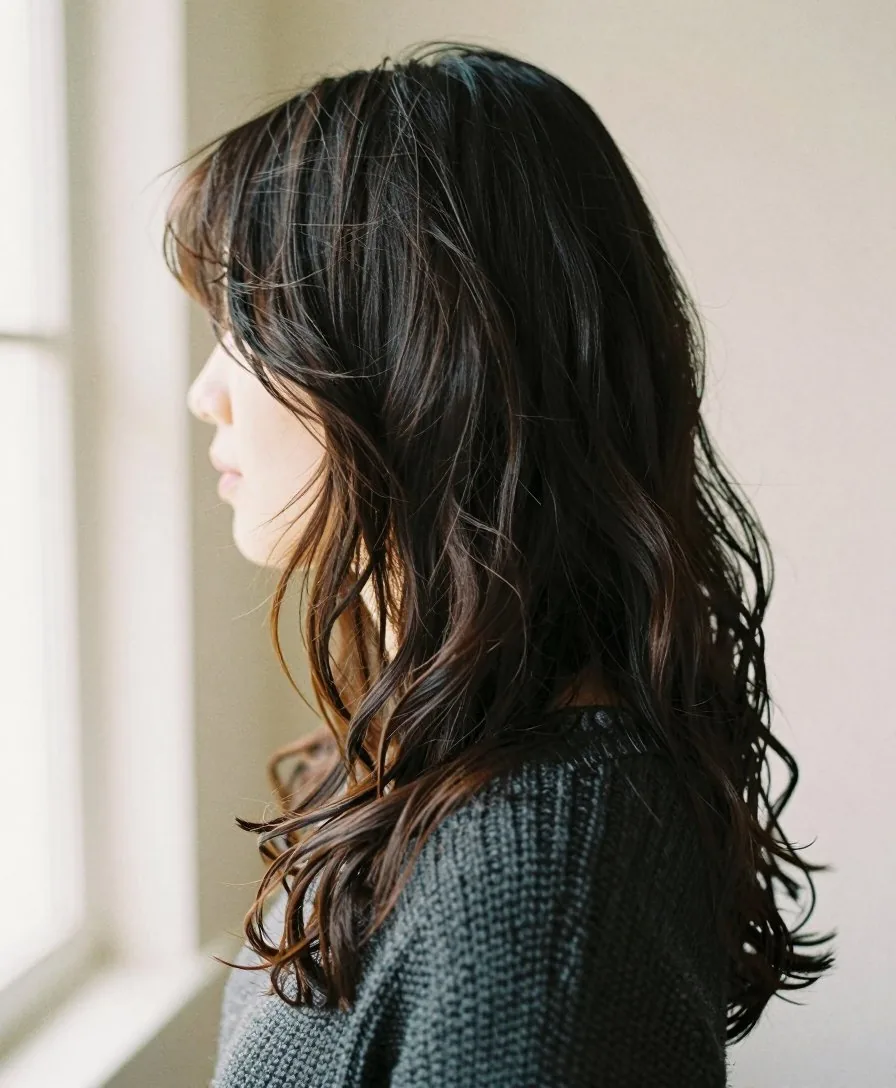 窓辺で横を向く女性の、ゆるやかに波打つ長い黒茶の髪。